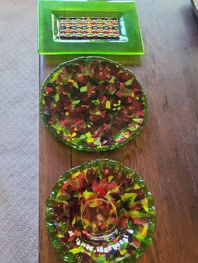 3 Piece Handmade Green Multicolor Fused Glass Decorative Bowl & Platter & Tray